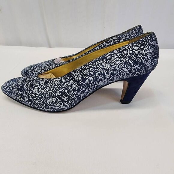 Vintage Ellen Tracy Floral Suade Blue Block Heels Pointed Ties Size 10 - Picture 5 of 9